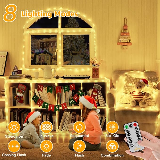 Ollny Rope Lights 33FT 100 LED, USB Power Warm White String Lights with Remote, 8 Modes IP68 Waterproof Timer Christmas Lights for Bedroom Indoor Wall Party Wedding Decor
