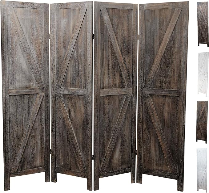 Premium Home 4-Panel Room Divider – Rustic Brown Barn Door, K Pattern Folding Privacy Screen, Partition Wall