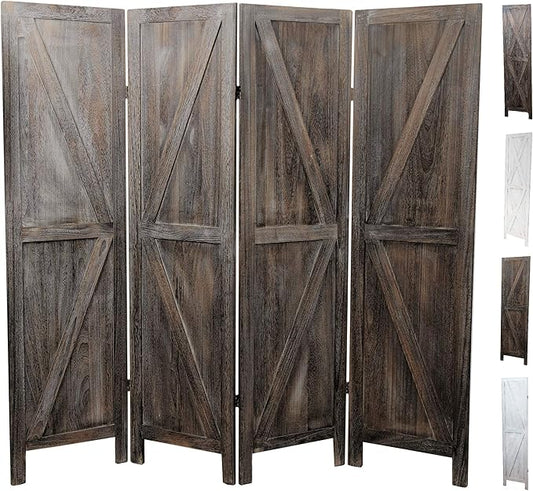 Premium Home 4-Panel Room Divider – Rustic Brown Barn Door, K Pattern Folding Privacy Screen, Partition Wall