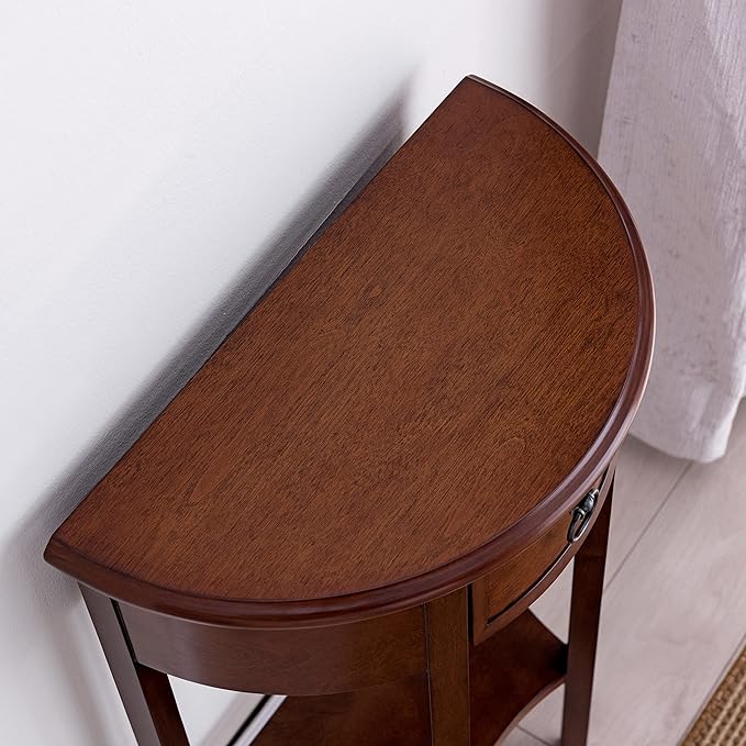 Seneca Solid Wood Demilune Console Table with Shelf and Drawer, Pecan, Perfect for Entryways, Hallways, and Stair Landings – Leick Home, 9030