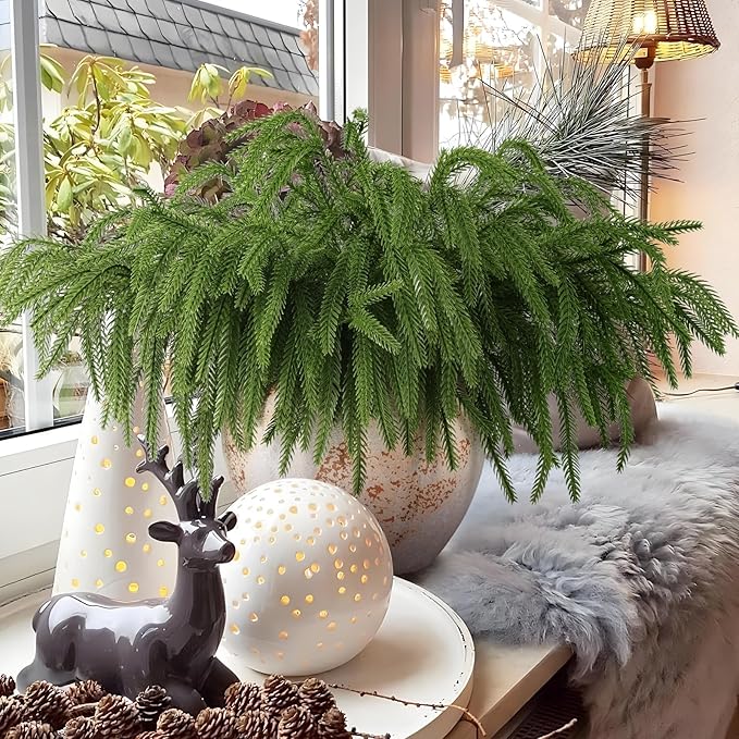 24 Pcs Artificial Norfolk Pine Branches, Faux Norfolk Pine Stems DIY Crafts Faux Christmas Norfolk Pine Branches for Xmas Indoor Outdoor Home Decor (24)