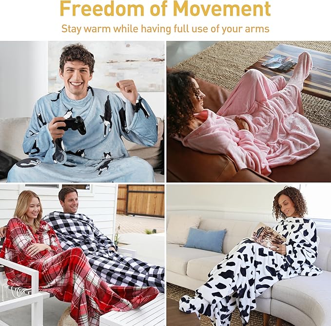 Catalonia Wearable Fleece Blanket with Sleeves and Foot Pockets for Adult Women Men, Micro Plush Comfy Wrap Sleeved Throw Blanket Robe Large, Wondercat Grey