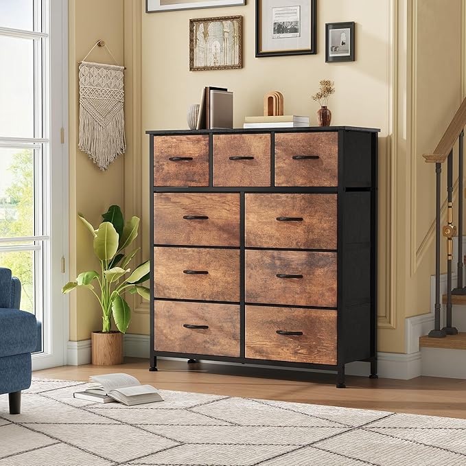 DWVO Dresser with 9 Drawers - Fabric Storage Tower, Organizer Unit for Living Room, Hallway - Sturdy Steel Frame, Wooden Top & Easy Pull Fabric Bins