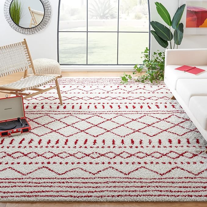 SAFAVIEH Arizona Shag Collection Area Rug - 9' x 12', Ivory & Red, Moroccan Design, Non-Shedding & Easy Care, 1.6-inch Thick Ideal for High Traffic Areas in Living Room, Bedroom (ASG741P)