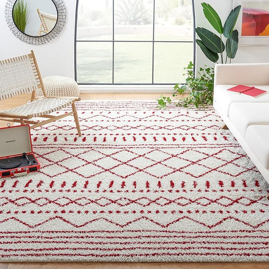 SAFAVIEH Arizona Shag Collection Area Rug - 9' x 12', Ivory & Red, Moroccan Design, Non-Shedding & Easy Care, 1.6-inch Thick Ideal for High Traffic Areas in Living Room, Bedroom (ASG741P)