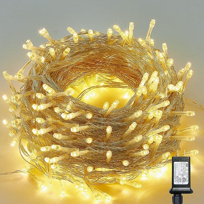 LJLNION 300 LED String Lights Outdoor Indoor, Extra Long 98.5FT Christmas Lights, 8 Lighting Modes, Plug in Waterproof Fairy Lights for Wedding Party Bedroom Decorations (Warm White)