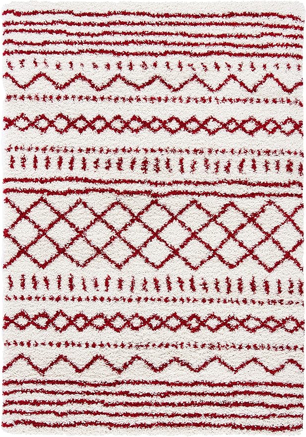 SAFAVIEH Arizona Shag Collection Area Rug - 5'1" x 7'6", Ivory & Red, Moroccan Design, Non-Shedding & Easy Care, 1.6-inch Thick Ideal for High Traffic Areas in Living Room, Bedroom (ASG741P)