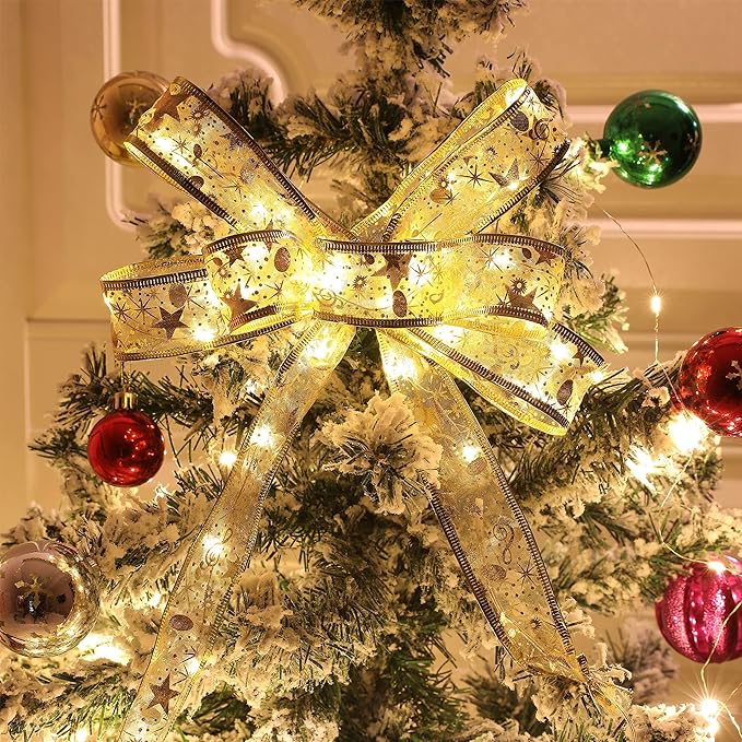 Christmas Ribbon Fairy Lights 33Ft 100 LED String Lights Battery Operated 2In Gold Foil Ribbon with Warm White Twinkle Firefly Lights Indoor Starry Holiday Decoration for Christmas Tree