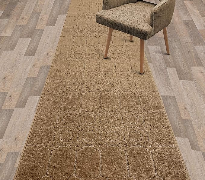 Custom Size Modern Abstract Floor Carpet Runner Rug for Hallways, Slip Resistant Latex Rubber Backed, 31 inch Wide X Customized Length, Art Gold Tan, 31 inch X 16 feet