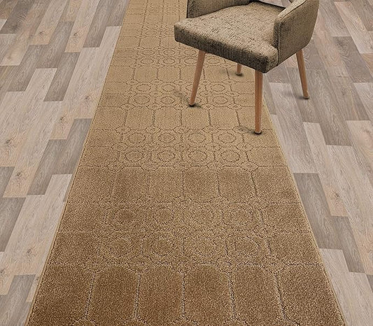 Custom Size Modern Abstract Floor Carpet Runner Rug for Hallways, Slip Resistant Latex Rubber Backed, 31 inch Wide X Customized Length, Art Gold Tan, 31 inch X 27 feet
