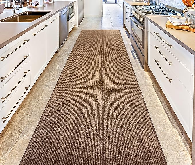 31 inch Wide Hallway Runner Rug, Custom Size, Non-Slip, Modern Scandinavian, Stripe Brown, 8 ft, Flexible Length Options