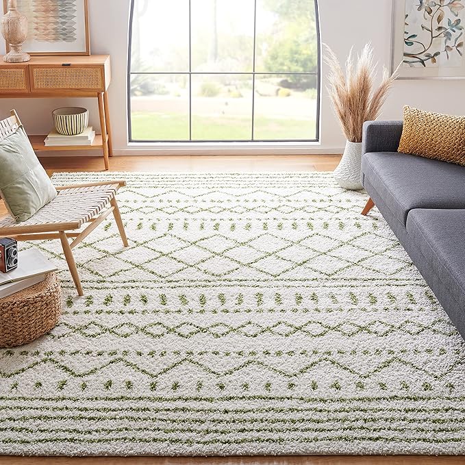 SAFAVIEH Arizona Shag Collection Area Rug - 10' x 14', Ivory & Green, Moroccan Design, Non-Shedding & Easy Care, 1.6-inch Thick, Ideal for The Living Room, Bedroom, Dining Room (ASG741Y-10)