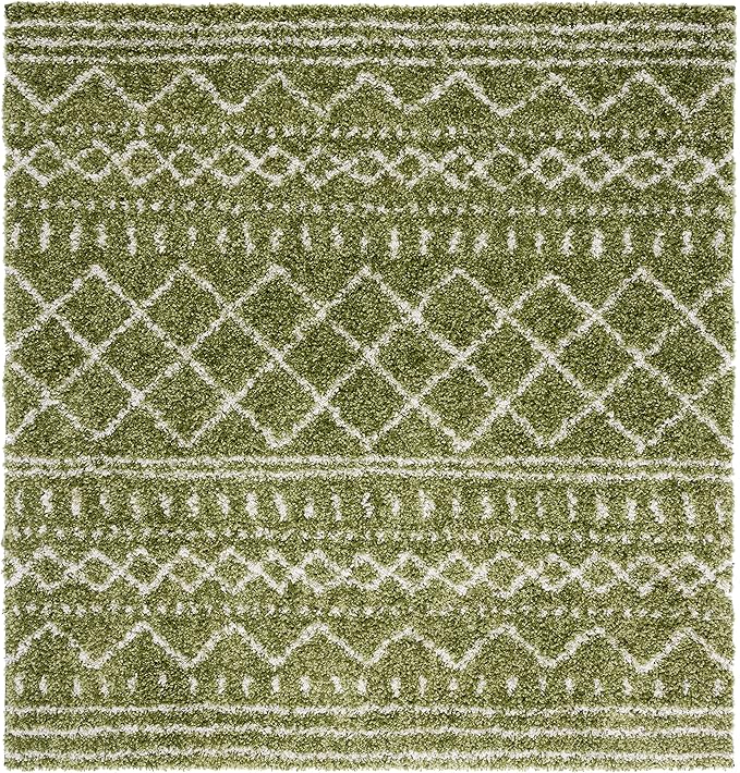 SAFAVIEH Arizona Shag Collection Area Rug - 5'1" Square, Green & Ivory, Moroccan Design, Non-Shedding & Easy Care, 1.6-inch Thick, Ideal for The Living Room, Dining, Bedroom (ASG741X)
