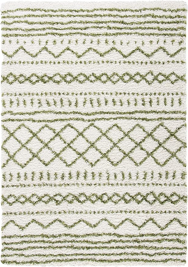 SAFAVIEH Arizona Shag Collection Accent Rug - 3'2" x 5', Ivory & Green, Moroccan Design, Non-Shedding & Easy Care, 1.6-inch Thick Ideal for High Traffic Areas in Foyer, Living Room, Bedroom (ASG741Y)