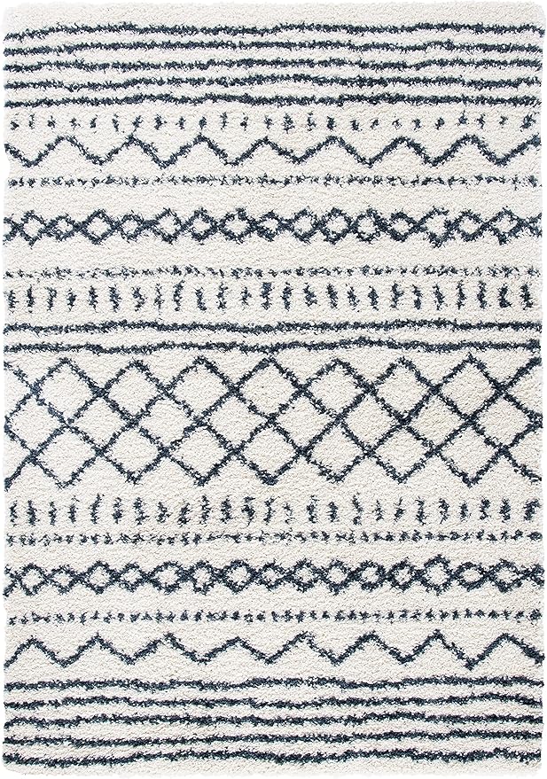 SAFAVIEH Arizona Shag Collection Accent Rug - 3'2" x 5', Ivory & Slate, Moroccan Design, Non-Shedding & Easy Care, 1.6-inch Thick Ideal for High Traffic Areas in Foyer, Living Room, Bedroom (ASG741M)
