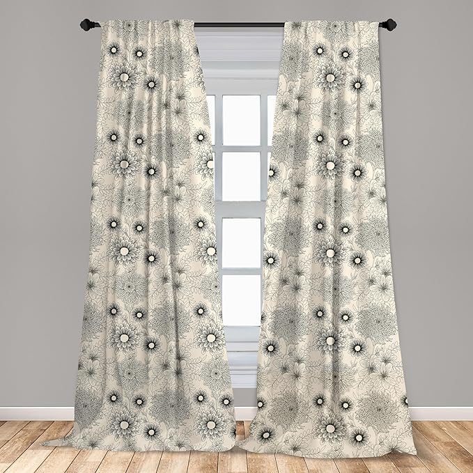 Ambesonne Dahlia Curtains, Vintage Style Garden Flower Sketches of Dahlia and Chrysanthemum Botany Theme, Window Treatments 2 Panel Set for Living Room Bedroom, Pair of - 28" x 84", Beige Black