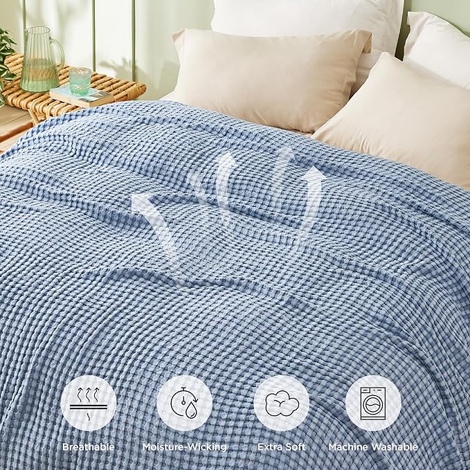 Bedsure Cooling Cotton Waffle Queen Size Blanket - Lightweight Breathable Summer Blanket of Rayon Derived from Bamboo for Hot Sleepers, Luxury Throws for Bed, Couch and Sofa, Fog Blue, 90x90 Inches