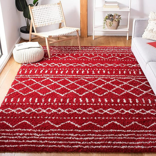 SAFAVIEH Arizona Shag Collection Area Rug - 6'7" Square, Red & Ivory, Moroccan Design, Non-Shedding & Easy Care, 1.6-inch Thick Ideal for High Traffic Areas in Living Room, Bedroom (ASG741Q)
