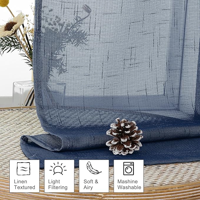 Aiyufeng Kirei Open Linen Weave Flax Textured Navy Blue Sheer Window Curtains 63 inches, Medium Long Privacy Semi-Transparent Sheer Panels for Farmhouse/Bedroom, 80" Wide Total 2 Panels, Dark Blue