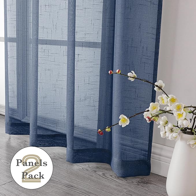 Aiyufeng Kirei Open Linen Weave Flax Textured Navy Blue Sheer Window Curtains 63 inches, Medium Long Privacy Semi-Transparent Sheer Panels for Farmhouse/Bedroom, 80" Wide Total 2 Panels, Dark Blue