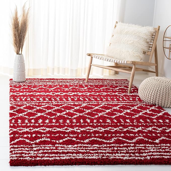 SAFAVIEH Arizona Shag Collection Area Rug - 5'1" x 7'6", Red & Ivory, Moroccan Design, Non-Shedding & Easy Care, 1.6-inch Thick Ideal for High Traffic Areas in Living Room, Bedroom (ASG741Q)