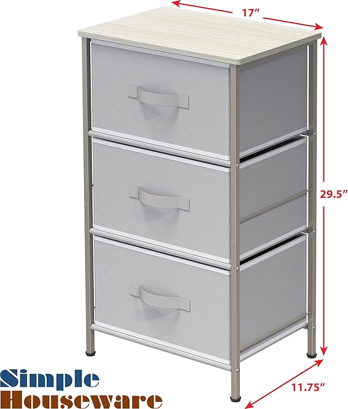 Simple Houseware 3 Drawer Nightstand Dresser with Wood Top, Grey
