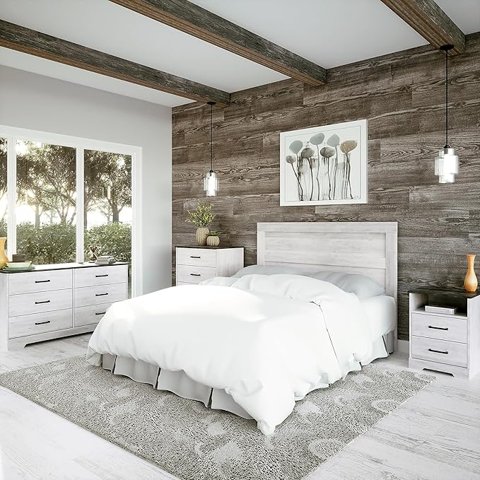 Prepac Rustic Ridge Farmhouse Bedroom Nightstand with 2 Drawers and an Open Cubby, Wooden Bedside Table for Bedroom, Office, or Living Room, 16.25in x 18.75in x 24.5in, Washed White