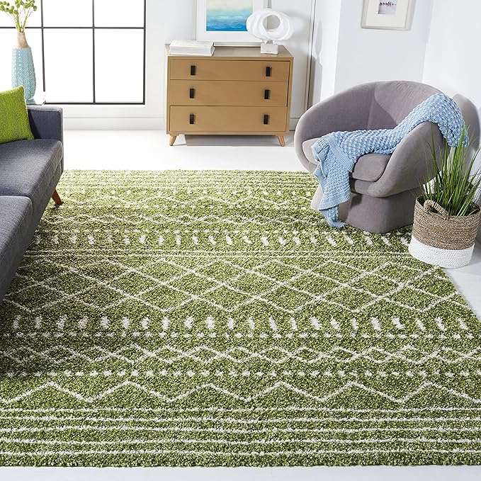 SAFAVIEH Area Rug 8x10 - Arizona Shag Collection - Large - Green & Ivory, Moroccan Design, Non-Shedding & Easy Cleaning, Ultra Plush Thick Pile, Ideal for Living Room, Bedroom, Dining Space (ASG741X)