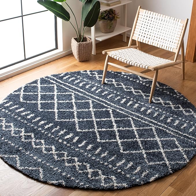 SAFAVIEH Arizona Shag Collection Area Rug - 3'2" Round, Slate Blue & Ivory, Moroccan Design, 1.6-inch Thick, Non-Shedding, Ideal for High Traffic Areas in Living Room, Bedroom, Dining (ASG741L-3R)
