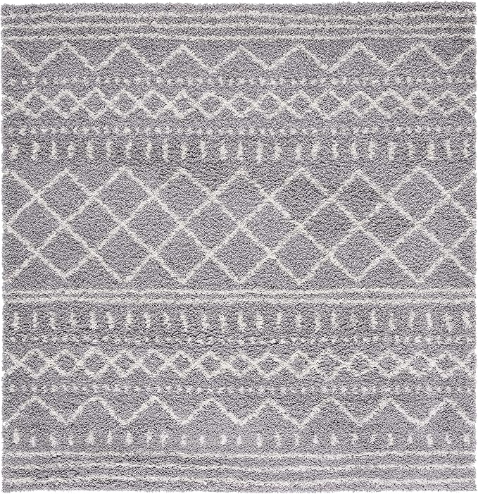 SAFAVIEH Arizona Shag Collection Area Rug - 8' Square, Grey & Ivory, Moroccan Design, Non-Shedding & Easy Care, 1.6-inch Thick Ideal for High Traffic Areas in Living Room, Bedroom (ASG741G)