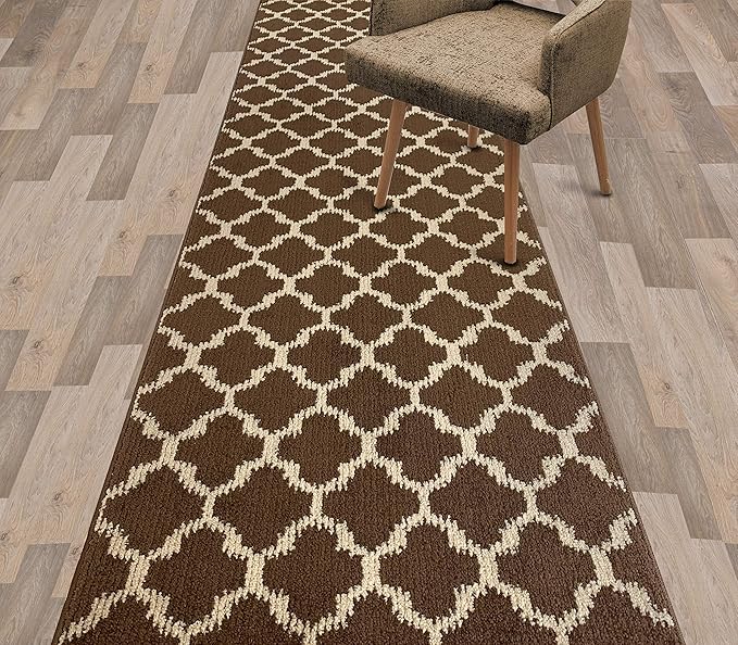 Custom Size Cut to Length Moroccan Trellis Design Runner Rug Mat For Wide Long Hallways with Non-Slip Rubber Backing, Better Traction for Pets, Prevent Slippage, Trellis Brown, 31 inch X 18 feet