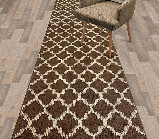 Custom Size Cut to Length Moroccan Trellis Design Runner Rug Mat For Wide Long Hallways with Non-Slip Rubber Backing, Better Traction for Pets, Prevent Slippage, Trellis Brown, 31 inch X 11 feet
