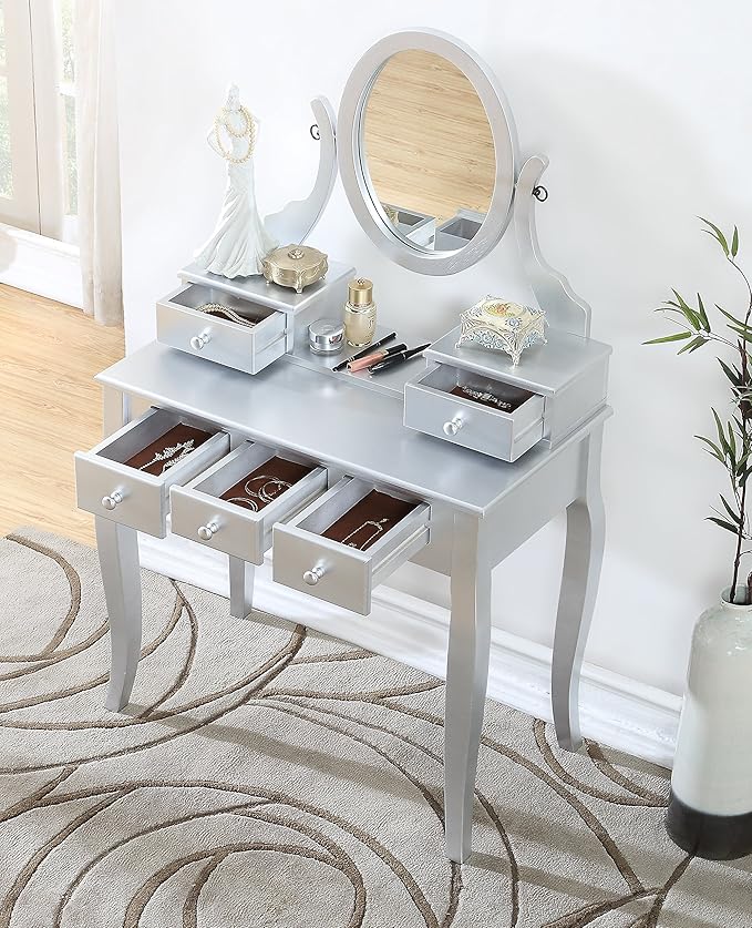 Roundhill Furniture Ashley Silver Wood Makeup Vanity Table and Stool Set, Sliver