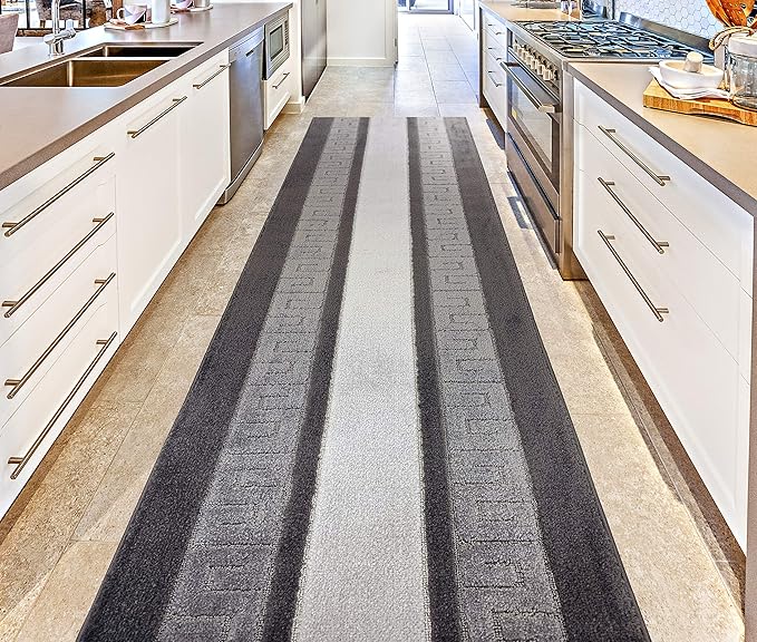 Custom Length Cut to Size Ancient Latin Hellenic Motif Carpet Runner Rug for Hallways, Non Slip Rubber Backed, 31 inch Wide X Customized Length, Greek Key Grey, 31 inch X 19 feet