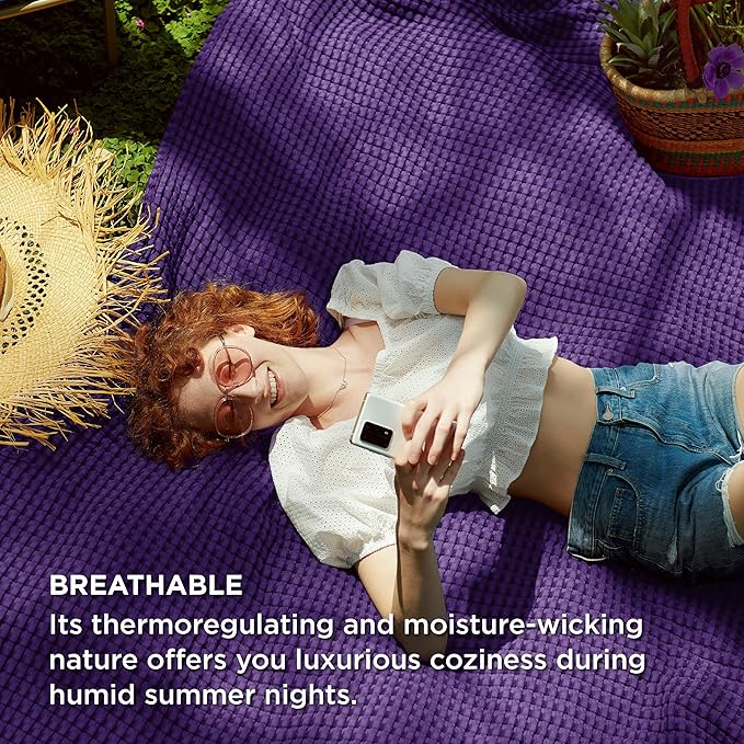Bedsure Cooling Cotton Waffle Weave Throw Blanket - Lightweight Breathable Blanket of Rayon Derived from Bamboo for Hot Sleepers, Luxury Throws for Bed, Couch and Sofa, Purple, 50x70 Inches
