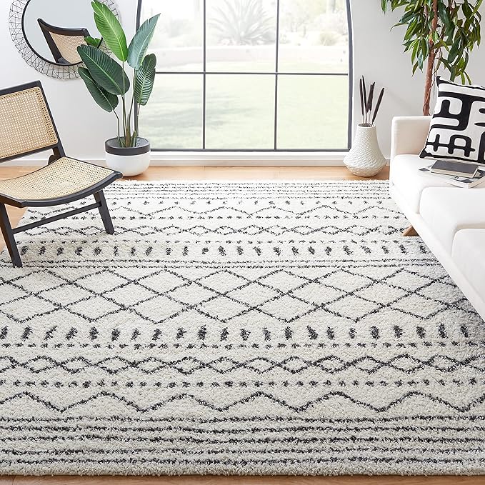 SAFAVIEH Area Rug 8x10 - Arizona Shag Collection - Large - Ivory & Black, Moroccan Design, Non-Shedding & Easy Cleaning, Ultra Plush Thick Pile, Ideal for Living Room, Bedroom, Dining Space (ASG741Z)