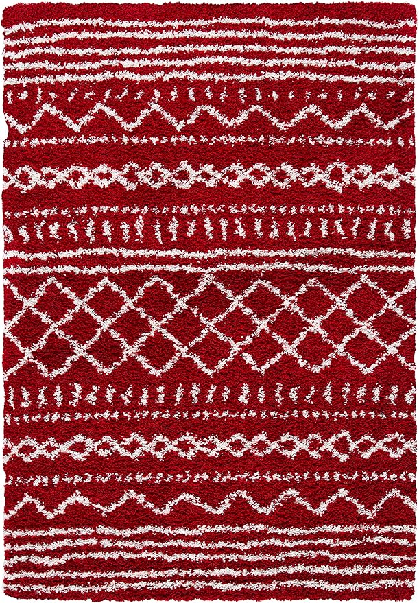 SAFAVIEH Arizona Shag Collection Accent Rug - 4' x 6', Red & Ivory, Moroccan Design, Non-Shedding & Easy Care, 1.6-inch Thick Ideal for High Traffic Areas in Entryway, Living Room, Bedroom (ASG741Q)