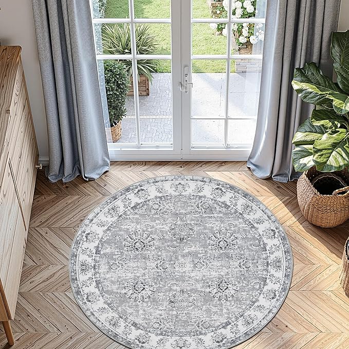 jinchan Round Rug 5ft Area Rug - Indoor Vintage Hallway Circle 5' Washable - Ultra-Thin Low Pile Soft Small Non Slip Distressed Floral Print for Living Room Dining Room Bedroom Entryway Grey