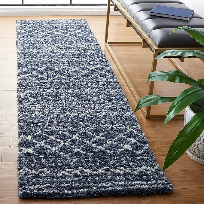 SAFAVIEH Arizona Shag Collection Runner Rug - 2'3" x 12' Runner, Slate Blue & Ivory, Moroccan Design, Non-Shedding, 1.6-inch Thick, Ideal for High Traffic Areas in Living Room, Bedroom (ASG741L-212)