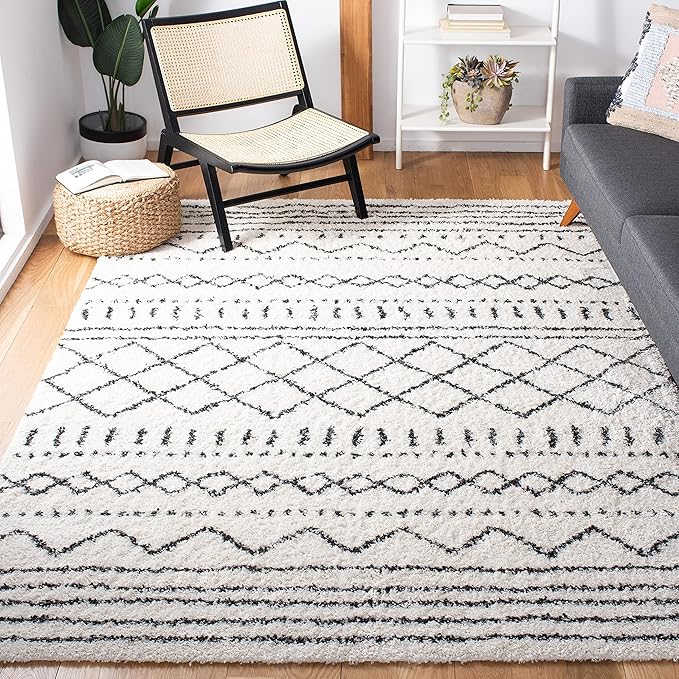 SAFAVIEH Arizona Shag Collection Area Rug - 6'7" x 9'2", Ivory & Black, Moroccan Design, Non-Shedding & Easy Care, 1.6-inch Thick Ideal for High Traffic Areas in Living Room, Bedroom (ASG741Z)