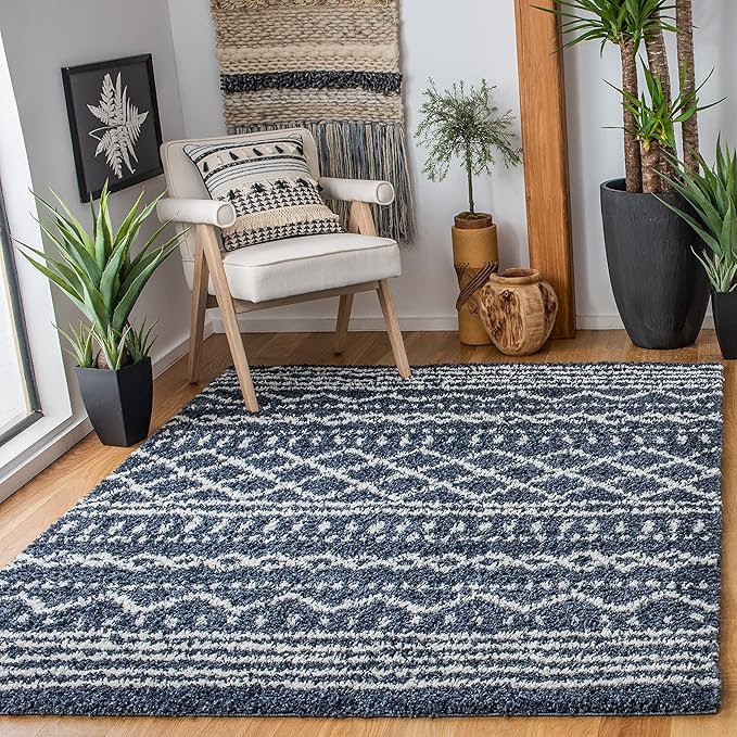 SAFAVIEH Arizona Shag Collection Accent Rug - 3'2" x 5', Slate Blue & Ivory, Design, Non-Shedding & Easy Care, 1.6-inch Thick Ideal for High Traffic Areas in Entryway, Living Room, Bedroom (ASG741L)