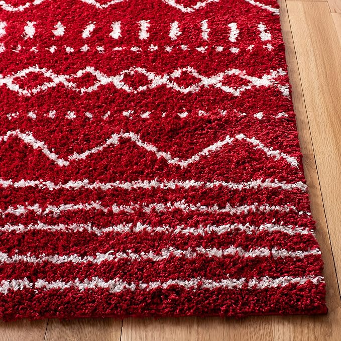 SAFAVIEH Arizona Shag Collection Area Rug - 6'7" Square, Red & Ivory, Moroccan Design, Non-Shedding & Easy Care, 1.6-inch Thick Ideal for High Traffic Areas in Living Room, Bedroom (ASG741Q)