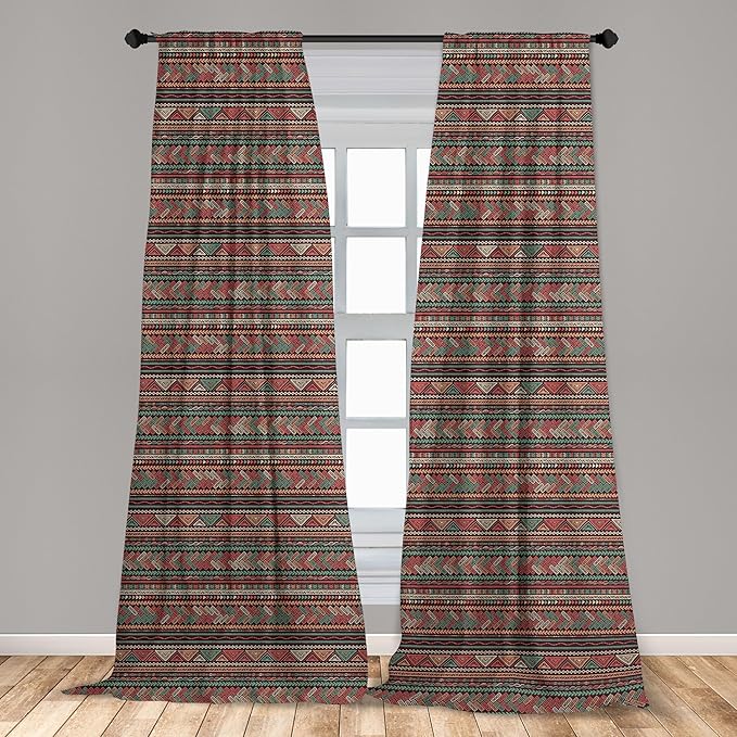 Ambesonne Boho Window Curtains, Hand Drawn Inspired Print of Triangles Colorful Latin American Folklore Motifs, Lightweight Decor 2-Panel Set with Rod Pocket, Pair of - 28" x 63", Maroon Coral