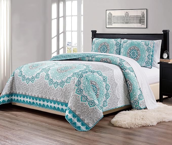 Fancy Collection 3 Pc Bedspread Bed Cover Over Size New (King/California King, Aqua Grey Floral)