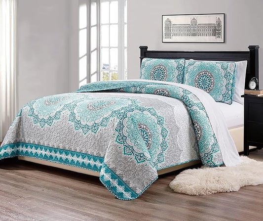 Fancy Collection 3 Pc Bedspread Bed Cover Over Size New (King/California King, Aqua Grey Floral)