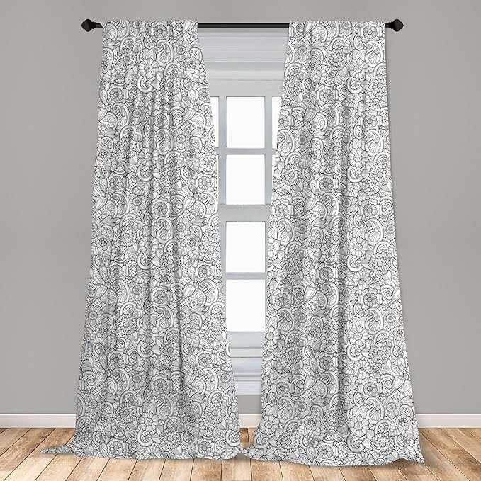 Ambesonne Black and White Window Curtains, Paisley Design with Sketch Style Flowers Leaves on Monochrome Background, Decor 2-Panel Set with Rod Pocket, Pair of - 28" x 95", White and Charcoal
