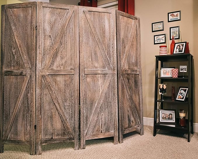 Premium Home 4-Panel Room Divider – Rustic Brown Barn Door, K Pattern Folding Privacy Screen, Partition Wall