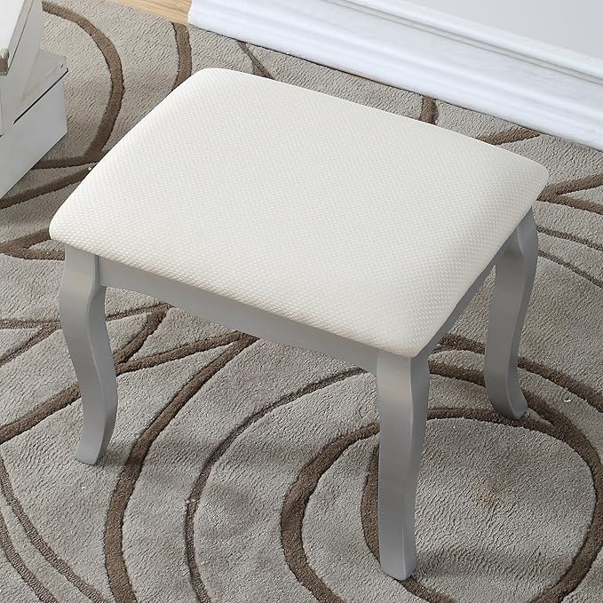 Roundhill Furniture Ashley Silver Wood Makeup Vanity Table and Stool Set, Sliver