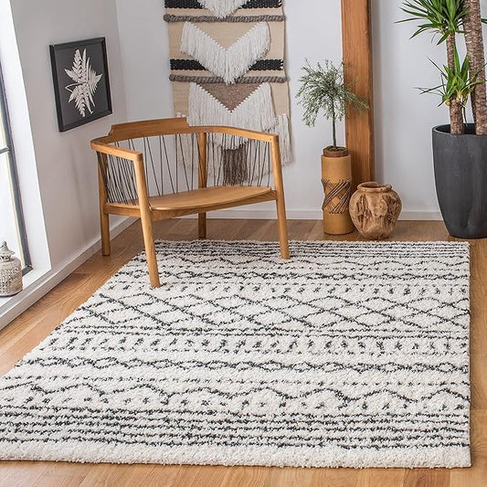 SAFAVIEH Arizona Shag Collection Accent Rug - 3'2" x 5', Ivory & Black, Moroccan Design, Non-Shedding & Easy Care, 1.6-inch Thick Ideal for High Traffic Areas in Foyer, Living Room, Bedroom (ASG741Z)