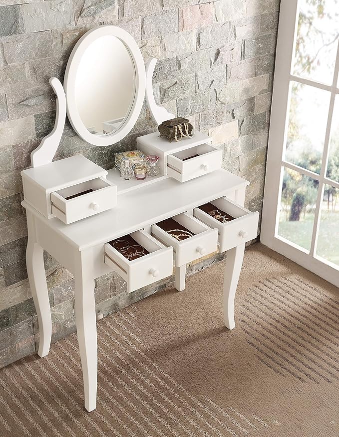 Roundhill Furniture Ashley Wood Make-Up Vanity Table and Stool Set, White